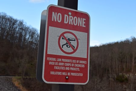 "NO DRONE" sign at Gathright Dam