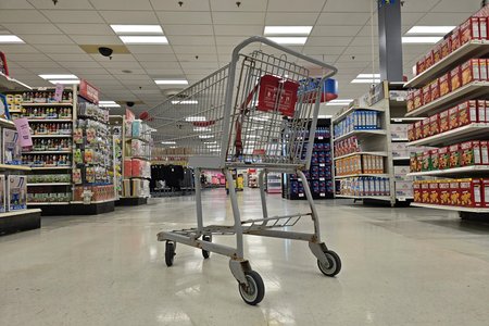 Shopping cart at the Bridgehampton Kmart.  None of the carts that I looked at contained any specific Kmart branding that I could find, and most likely were generic metal carts with red trim.