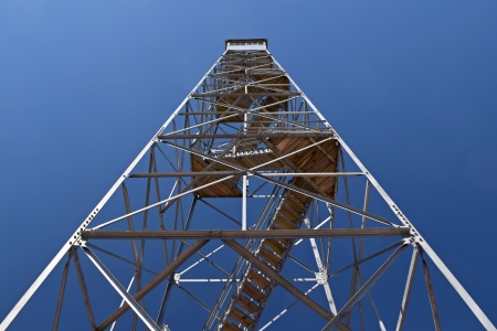 Looking up at the Sounding Knob Fire Tower from the ground.
