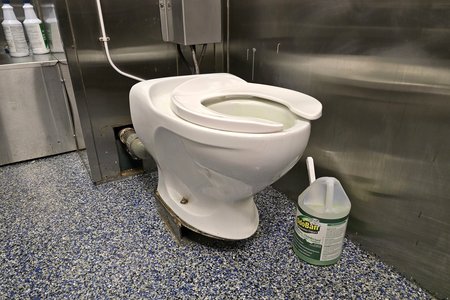 Toilet in the men's restroom on the New Jersey.  I found it interesting that it was more than a foot away from the wall.