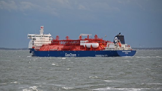 The GasChem Europe, a Liberian-flagged LPG (liquefied petroleum gas) tanker, at the beginning of a voyage to Sweden.