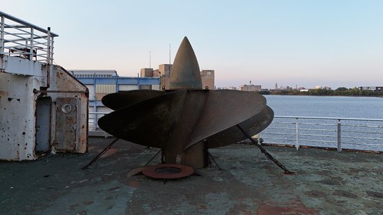 One of the ship's propellers, secured on the fantail.