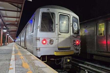 Car 392 at Tottenville station.  Unlike the regular NYC Subway, which uses four-digit car numbers, the cars used for SIR service have three-digit numbers.