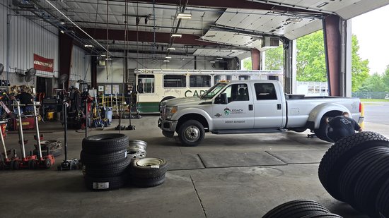 Biscuit is in the shop at Rice Tire, getting a new set of Michelins.