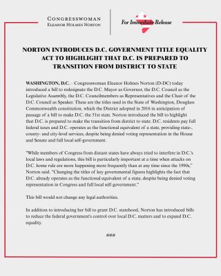 Press release about DC Government Title Equality Act