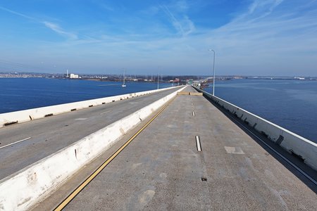 A now-silent highway, facing the counterclockwise direction.  It felt very weird to be able to get these kinds of shots, considering that with the bridge intact, this area would be full of vehicle traffic, and thus my drone would have no business being this close.