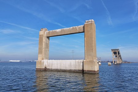 This was the fifth pier in the water on the Sollers Point side of the bridge.  This pier is cut off after the first cross-beam, and was three times this height prior to the collapse.  The remains of the fourth pier are visible in the distance as two stubs.