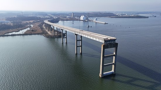 The Hawkins Point (southwestern) section of what remains of the bridge.  The truss section would have started on that third pier over the water.