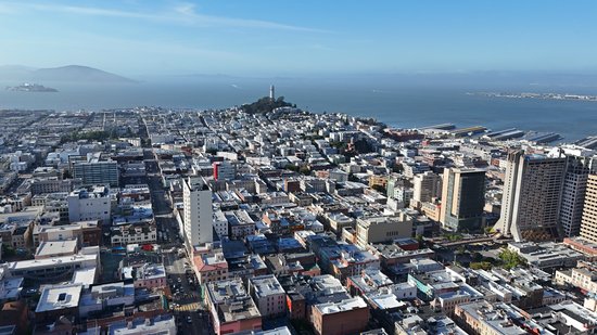 Aerial view of San Francisco, with the Coit Tower in the distance.