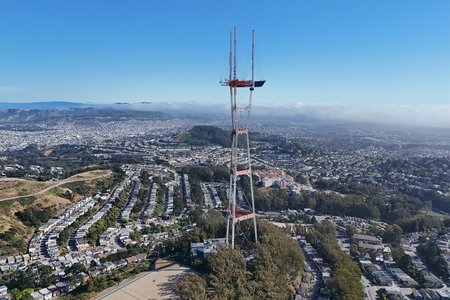The Sutro Tower, which contains the transmitters for most of the area's television stations.