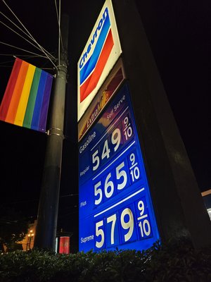 Gas price sign at the Chevron station in the Castro District.  Gas was super pricey in San Francisco.  This was on the higher end of things, but I want to say that the lowest price that I saw for regular was $4.65 per gallon at the Arco station across from the Armory, and that was the cash price.