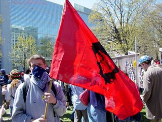 A masked demonstrator carries a flag with Che Guevara's likeness on it.