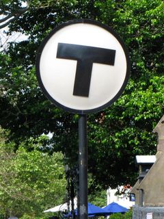 "T" sign at Copley. This is the MBTA equivalent of WMATA's street pylons.