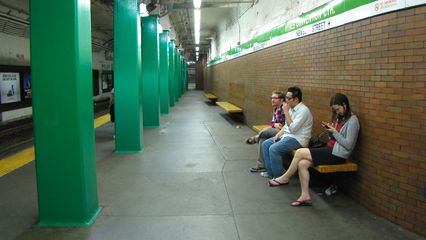 Waiting for the Green Line at Hynes Convention Center station.