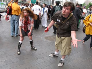 Zombie led around on a leash...