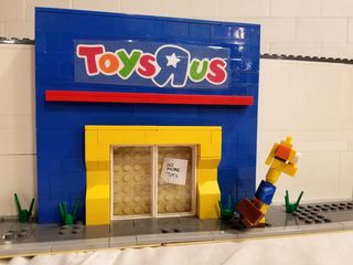 Toys "R" Us by Jackson McCoy, showing Geoffrey the Giraffe leaving the store for the last time, with a sign reading "No more toys" on the door.