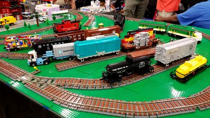 Railroad freight yard and locomotive.