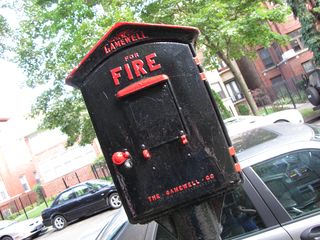 Back in Rogers Park, look what we found: a Gamewell fire alarm box! It was no longer active (note the plated-over pull handle), but nonetheless, I was impressed to find it.