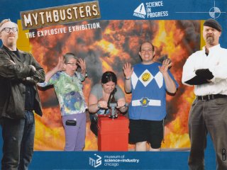 The three of us posed for photos at the beginning of the Mythbusters exhibit. First we posed normally (left), and then we were supposed to look scared or something for the second one. I hadn't quite read the entire memo on the second one by the time that they took the photo, and so the photo ended up being described as "scared, crazed, clean hands!"