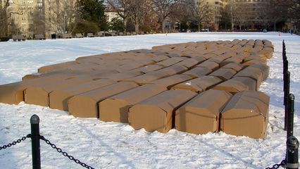 The cardboard coffins were being assembled by volunteers on the side of the rally site. Some of the coffins were covered with black cloth, and others were covered by American flags.