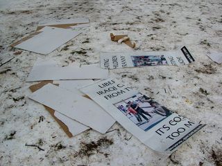 This pile of torn and discarded signs was what remained of the signs of a counter-protest by Protest Warrior. This counter-protest sparked a conflict with the black bloc, and DAWN marshals ultimately had to intervene to restore peace between the two factions.