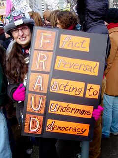 This poster turns "Fraud" into an acronym: Fact Reversal Acting to Undermine Democracy.