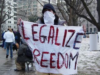 A man wearing a white mask holds a hand-painted banner: LEGALIZE FREEDOM.