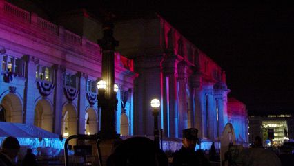 Union Station was indeed looking beautiful for this inaugural ball, with the red and blue lights shining across the front of the building.