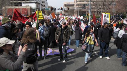 The crowd at the end of the march route in Crystal City.