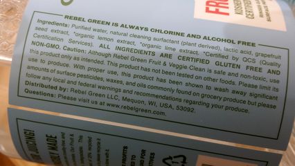 I spotted this at the Giant store in Olney on July 21. The ingredient list for Rebel Green vegetable wash amused me because of what it says. After purified water, the second ingredient in the list is, "natural cleaning surfactant (plant derived)". Rather vague, no? This product, while pandering to the "all-natural" crowd, doesn't indicate what its main active ingredient is. What plants? What is the name of this chemical? So thanks for nothing. However, even though it doesn't list what the main active ingredient is, I guarantee that the people who associate with a certain nonprofit that I used to would eat that right up because it's "plant-based", has that "all-natural" look, and name-drops all of the current dietary fads.