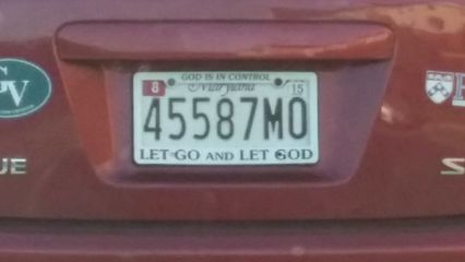 Spotted on July 22 near Arundel Mills. This license plate frame says "GOD IS IN CONTROL" and "LET GO AND LET GOD". I have said before that people with religious stuff on their car are some of the worst drivers, and this one was no exception. When it comes to the "Jesus, take the wheel" mindset, I have to remind people that cars had not been invented in Jesus' day, and therefore Jesus never learned how to drive a car. Thus he cannot help you drive to your destination. You must do so yourself without divine intervention, real or imagined.