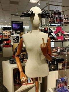 Another day, another mannequin finger, this time at the Nordstrom in Columbia Mall. With the eyebrows like that, I would caption this, "F--- you, I am fabulous!"