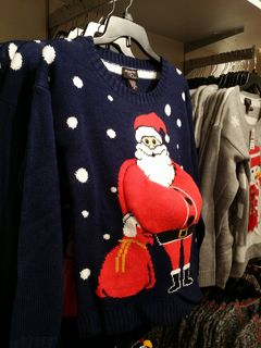 Melissa and I also spotted this sweater while we were out. No one can say that Santa Claus is a flat character here. Yes, Santa is stuffed on the front of this sweater...