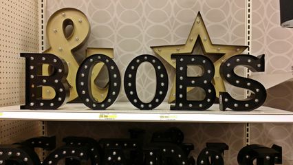 Unlike many places that sell letters, Target doesn't sell all of the letters in the alphabet, which means that the potential for crude words is somewhat limited. Suzie and I came up with a few words, despite this limited selection.