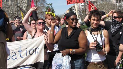 Much to our surprise and delight, a woman who was out shopping nearby came by our banner, and briefly joined us!