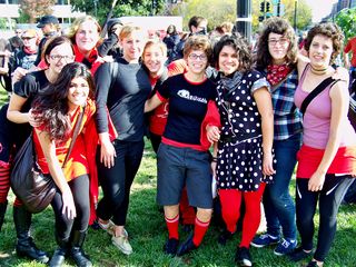 Members of the radical cheerleading group RCDC pose for a photo in Thomas Circle.