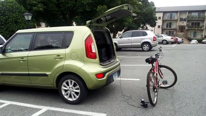 This was a test to see if I could fill the tires of my sister's old bicycle with an electric tire pump.  The pump was a freebie from Staples that had a cigarette lighter plug, and I had intended to use my sister's old bike for myself.