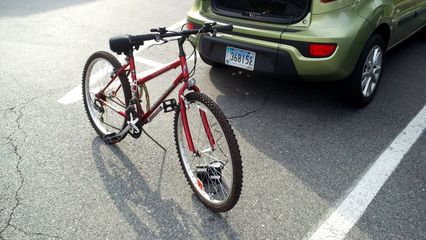 This was a test to see if I could fill the tires of my sister's old bicycle with an electric tire pump.  The pump was a freebie from Staples that had a cigarette lighter plug, and I had intended to use my sister's old bike for myself.