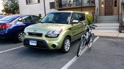 On July 4, 2014, I went for a bike ride, going six miles to Olney Swim Center as a proof of concept to see if it was feasible to bike to the pool, and snapped this photo of the bike and the Soul together before I left.