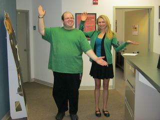 With Sarah, one of our interns at the office, in matching green outfits. I am wearing newer jeans that fit better than the last ones, and I am definitely improved from earlier in the year. My face is smaller, and my legs are smaller.