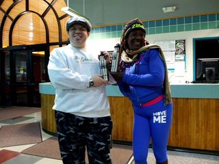 Tania and I at the pool again, this time doing a safer pose with our matching Food & Water Watch stainless steel water bottles. By this time, I also was able to fit back into my old Schumin Web sweatshirts, which I first got in 2000. Now, though, I fit with room to spare!