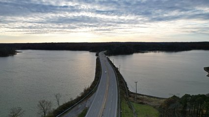 Mahoning Avenue as it crosses Meander Creek Reservoir.  View facing approximately west.