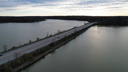 Mahoning Avenue as it crosses Meander Creek Reservoir.  View facing approximately west.