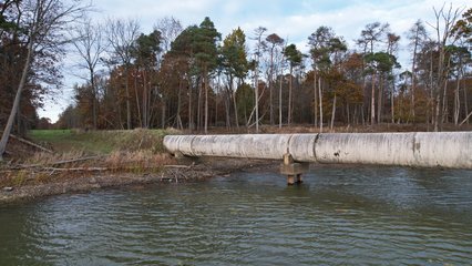 The pipeline running across Meander Creek Reservoir.  From what I could tell based on my research, this pipeline carries water between the reservoir and the Berlin Pumping Station.