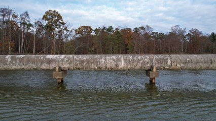 The pipeline running across Meander Creek Reservoir.  From what I could tell based on my research, this pipeline carries water between the reservoir and the Berlin Pumping Station.