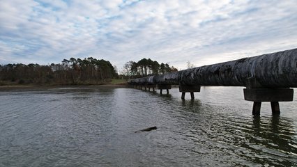 The pipeline running across Meander Creek Reservoir.  From what I could tell based on my research, this pipeline carries water between the reservoir and the Berlin Pumping Station.