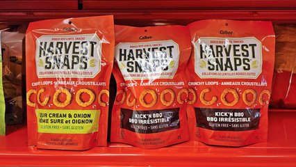 Canadian packaging for Calbee Harvest Snaps at Bulk Barn.  Items like this were sold by the package, and not by mass like the stuff in the bins.