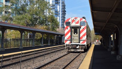 Our train arrives, with a cab car in the lead and the locomotive at the rear.