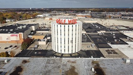 Aerial view of the office tower at Golf Mill Shopping Center.