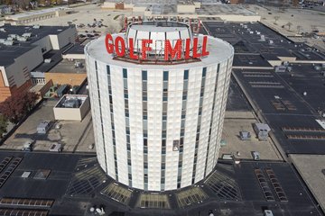 Aerial view of the office tower at Golf Mill Shopping Center.